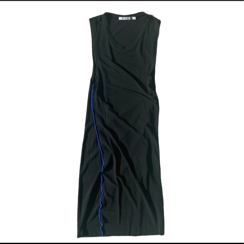 T by Alexander Wang Rayon Black Slim Fitting Mini Dress with Cobalt Blue Stitch